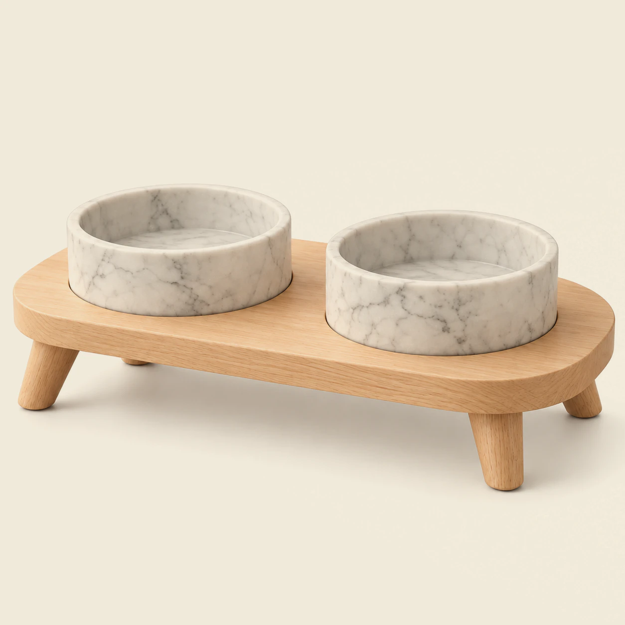 The Bowls on their own: two white marble bowls in an oak stand with four short tapered legs